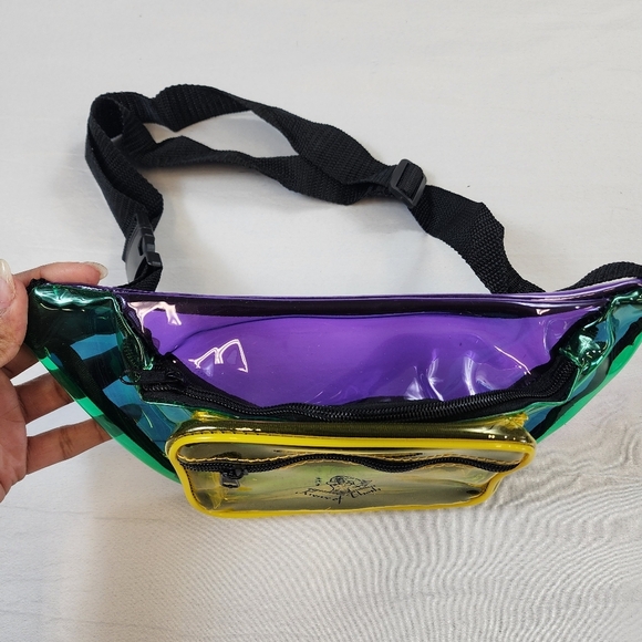 New Orleans Mardi Gras Holographic Fanny Pack 2 Zipper Front Translucent Color - Picture 3 of 12